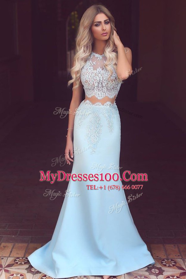 Wonderful Mermaid Scoop Sleeveless Satin Sweep Train Zipper Evening Dress in Light Blue with Lace