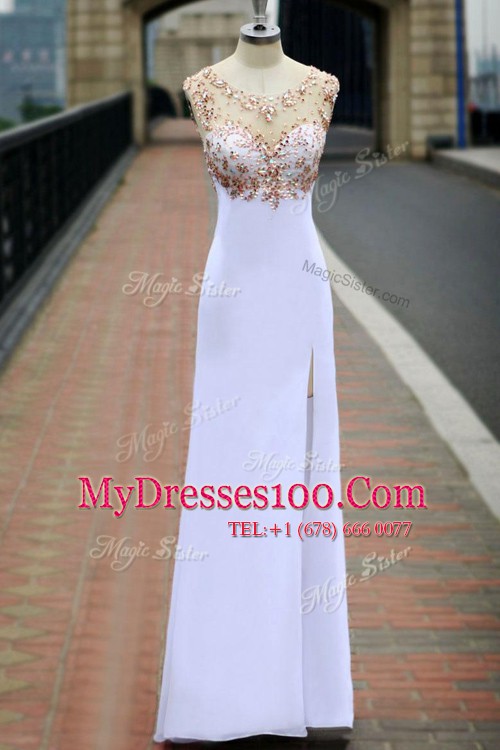 Simple Scoop Chiffon Sleeveless Floor Length Prom Dresses and Beading
