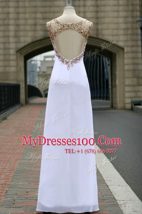 Simple Scoop Chiffon Sleeveless Floor Length Prom Dresses and Beading