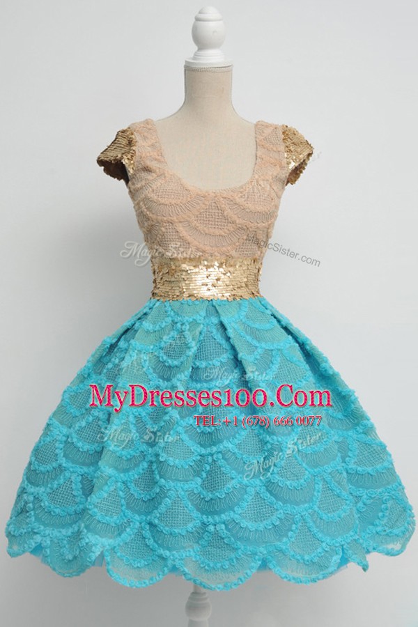 Exceptional Lace Sequins Knee Length Blue Party Dress for Toddlers Scoop Cap Sleeves Zipper