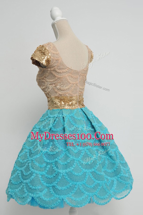 Exceptional Lace Sequins Knee Length Blue Party Dress for Toddlers Scoop Cap Sleeves Zipper