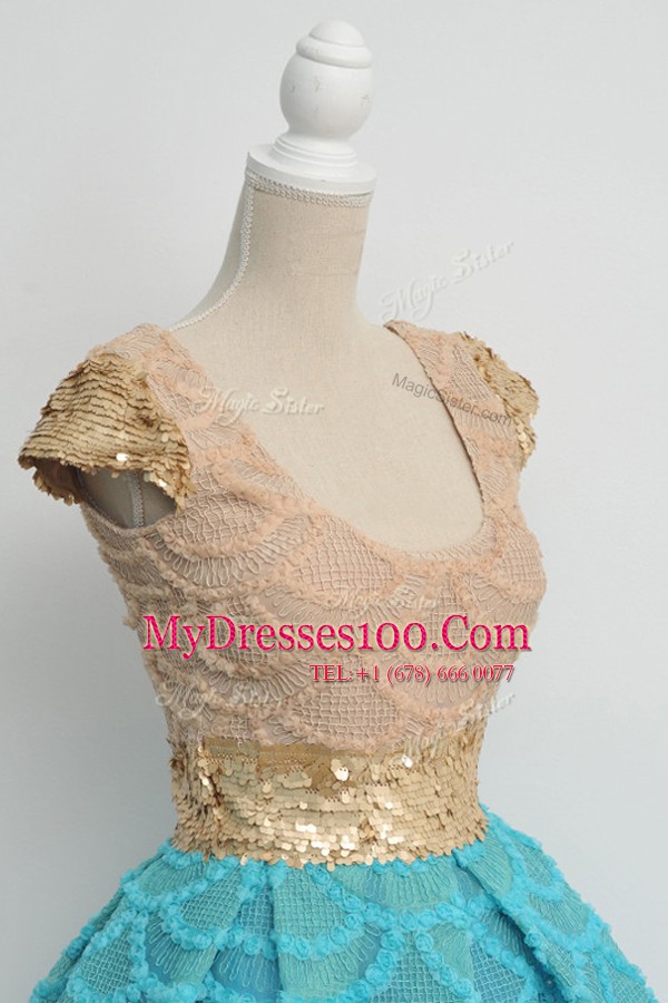 Exceptional Lace Sequins Knee Length Blue Party Dress for Toddlers Scoop Cap Sleeves Zipper