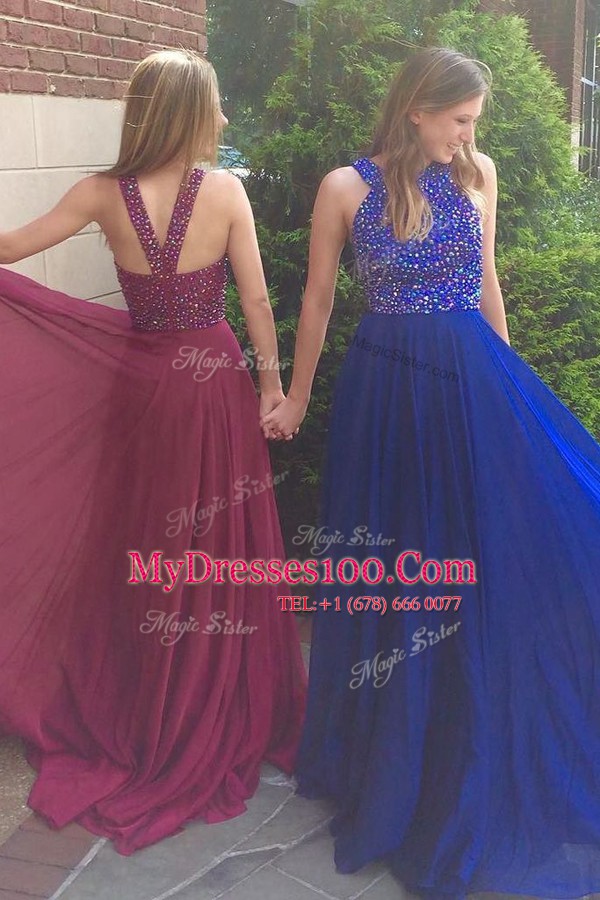 Super Scoop Royal Blue Sleeveless Sweep Train Beading With Train Evening Wear