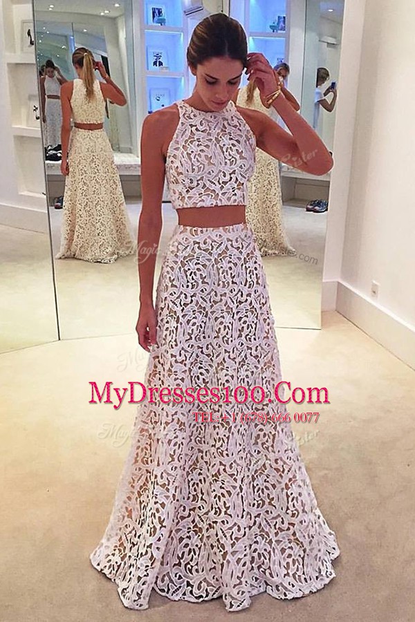 Scoop Sleeveless Evening Dress Floor Length Lace White Lace