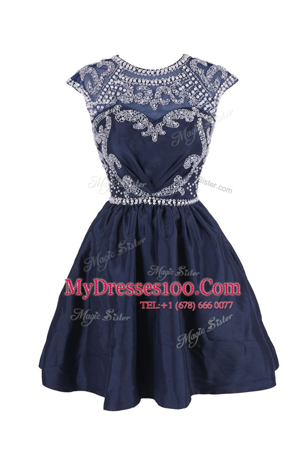 Customized Navy Blue Backless Scoop Beading Prom Evening Gown Satin Cap Sleeves