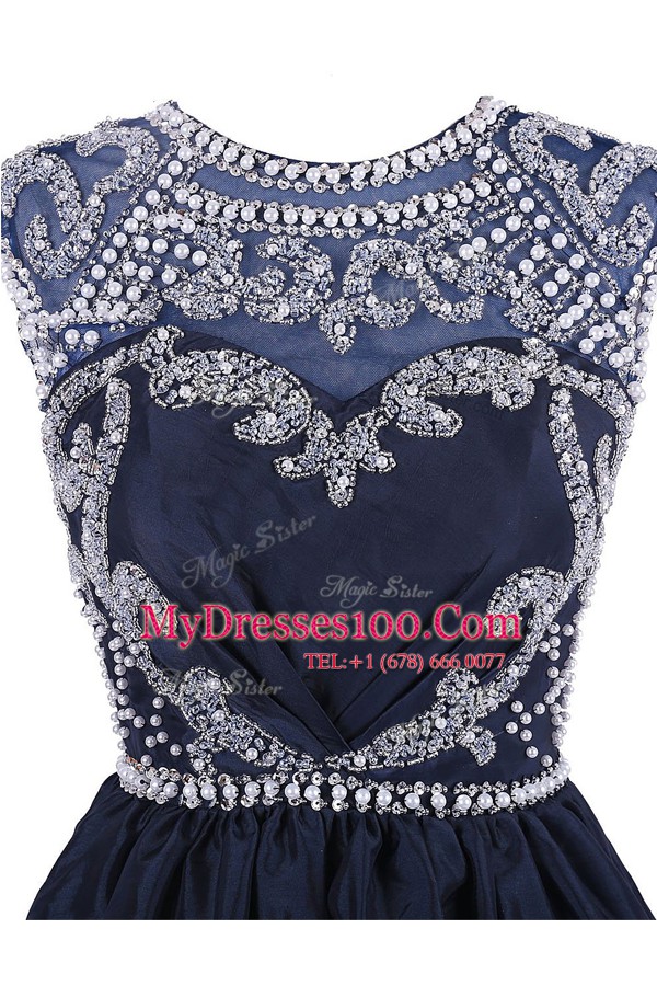 Customized Navy Blue Backless Scoop Beading Prom Evening Gown Satin Cap Sleeves