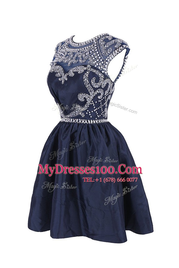 Customized Navy Blue Backless Scoop Beading Prom Evening Gown Satin Cap Sleeves