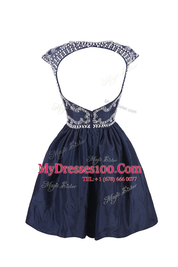 Customized Navy Blue Backless Scoop Beading Prom Evening Gown Satin Cap Sleeves