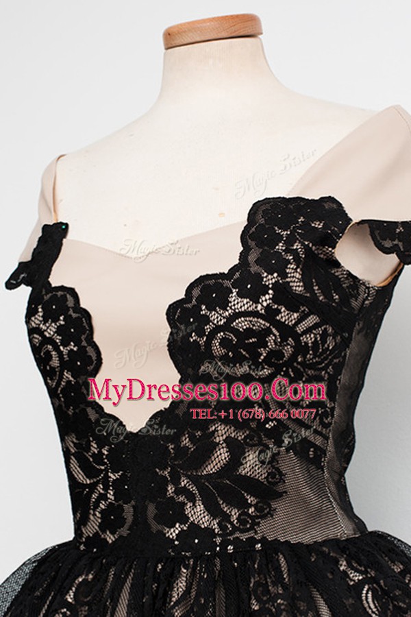 Black Satin Zipper Scoop Cap Sleeves Knee Length Cocktail Dresses Lace