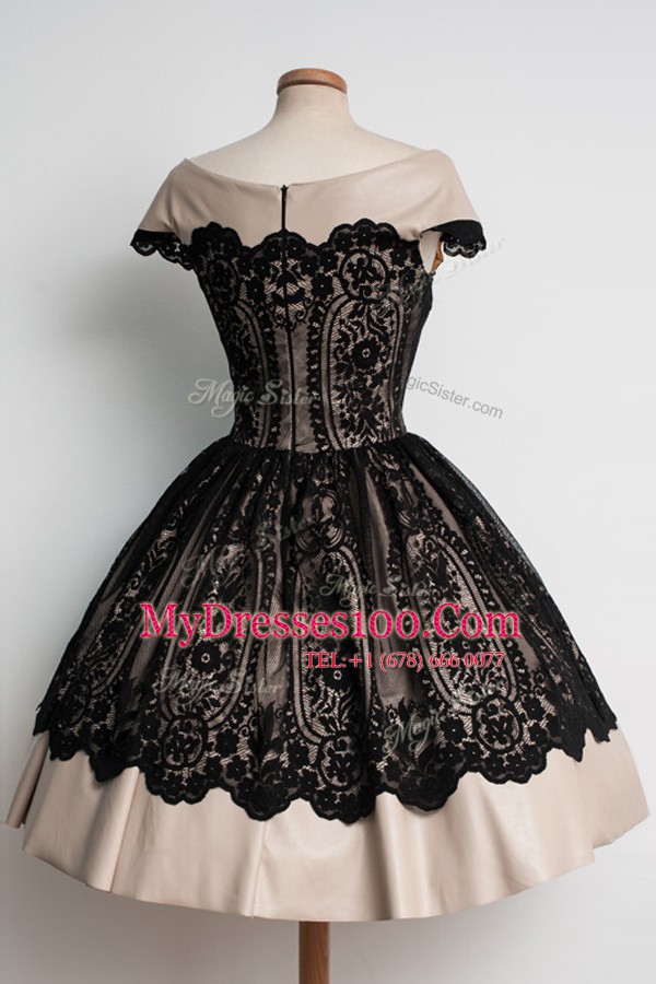 Black Satin Zipper Scoop Cap Sleeves Knee Length Cocktail Dresses Lace