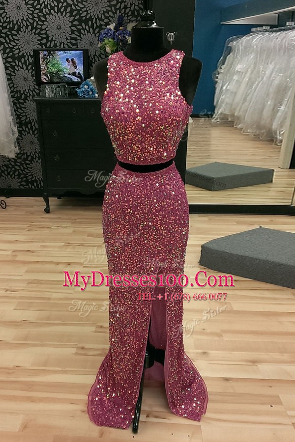 Nice Mermaid Scoop Lilac Backless Juniors Evening Dress Sequins Sleeveless Sweep Train