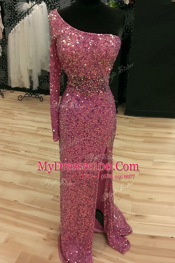 Lilac Mermaid Sequined One Shoulder Long Sleeves Sequins Backless Evening Party Dresses Sweep Train