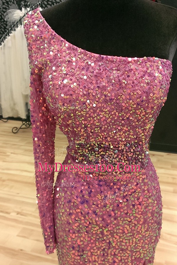 Lilac Mermaid Sequined One Shoulder Long Sleeves Sequins Backless Evening Party Dresses Sweep Train