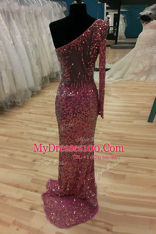 Lilac Mermaid Sequined One Shoulder Long Sleeves Sequins Backless Evening Party Dresses Sweep Train