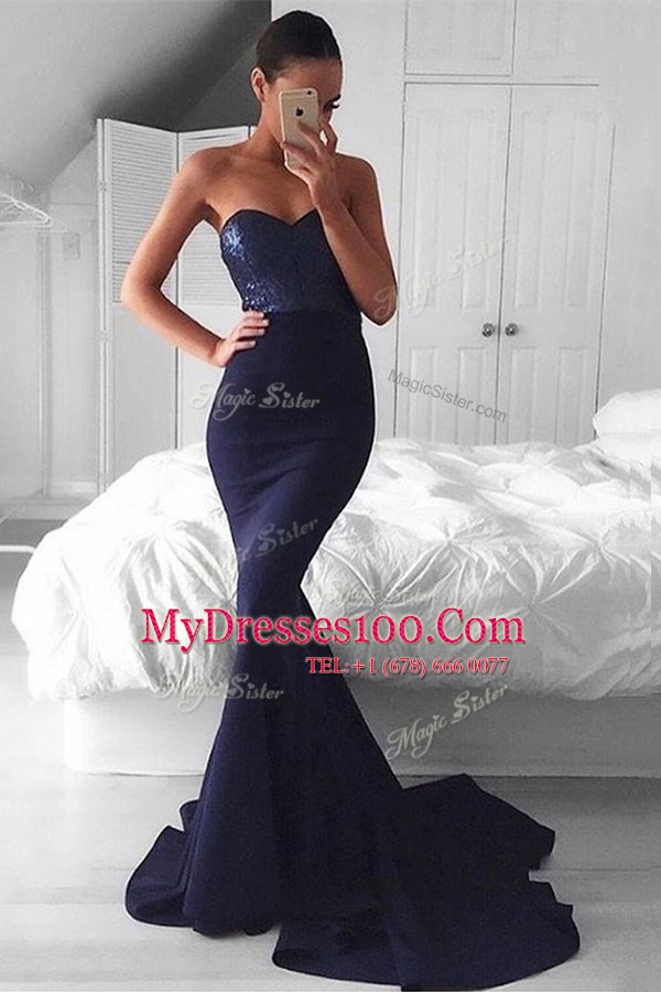 Most Popular Mermaid Sweetheart Sleeveless Elastic Woven Satin Evening Dresses Sequins Sweep Train Zipper