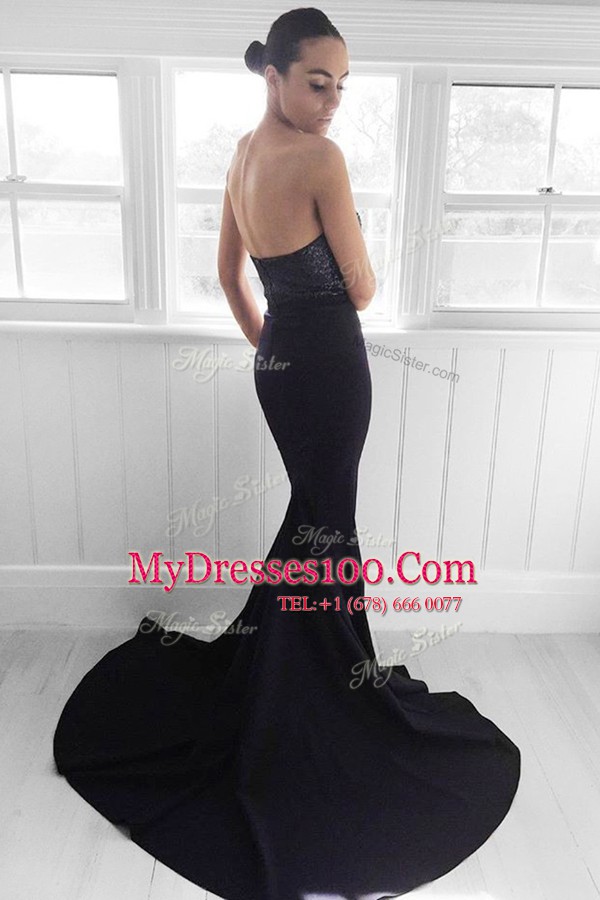 Most Popular Mermaid Sweetheart Sleeveless Elastic Woven Satin Evening Dresses Sequins Sweep Train Zipper