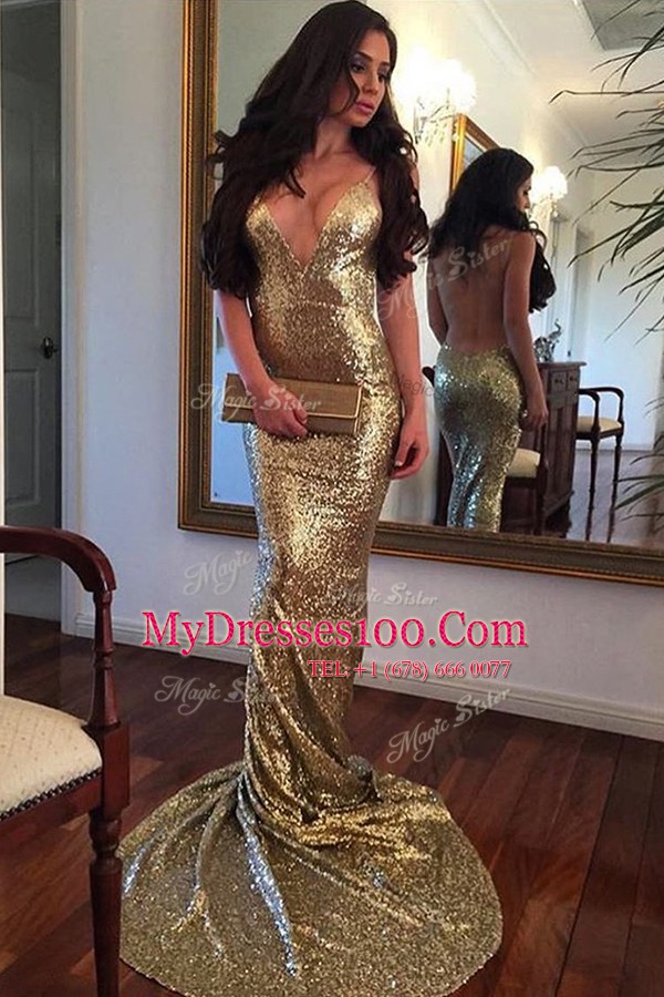 Stunning Mermaid Sleeveless With Train Sequins Backless Formal Dresses with Gold Sweep Train