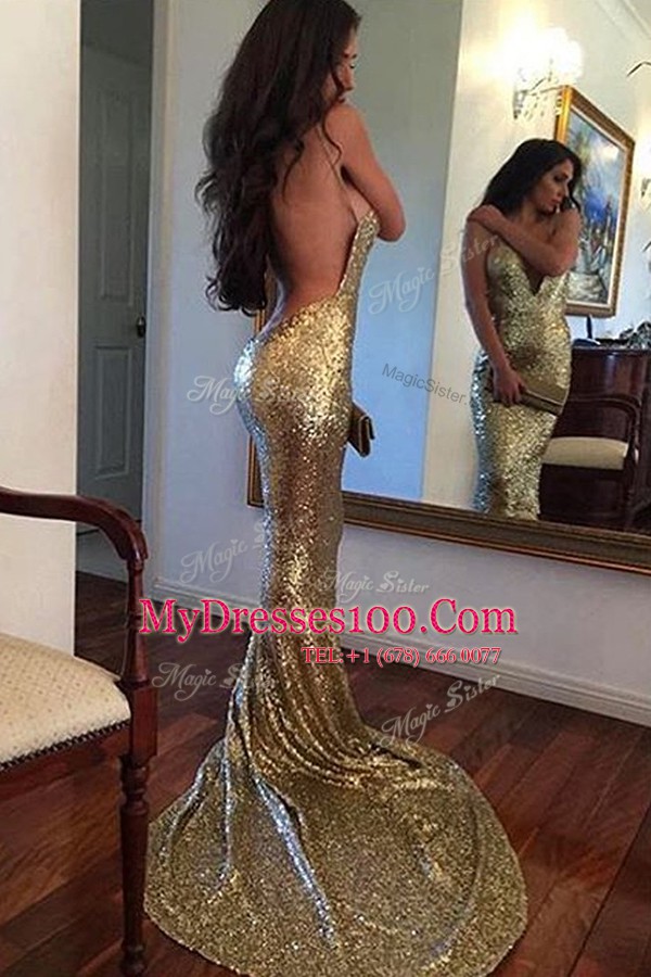 Stunning Mermaid Sleeveless With Train Sequins Backless Formal Dresses with Gold Sweep Train