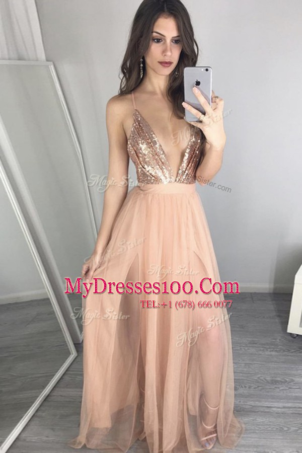 Fitting Tulle Sleeveless Floor Length Evening Dress and Sequins and Pleated