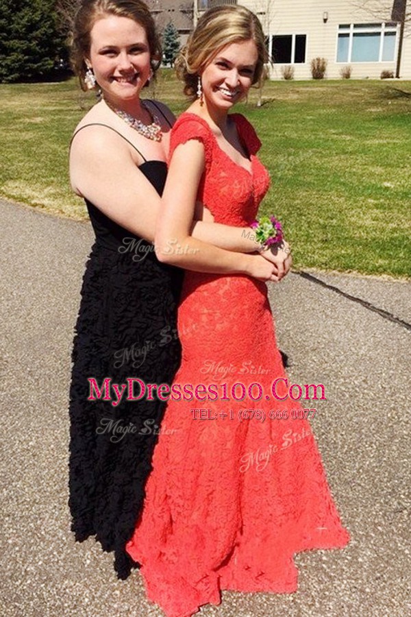 High Quality Mermaid Red Lace Backless Prom Dress Short Sleeves Sweep Train Lace