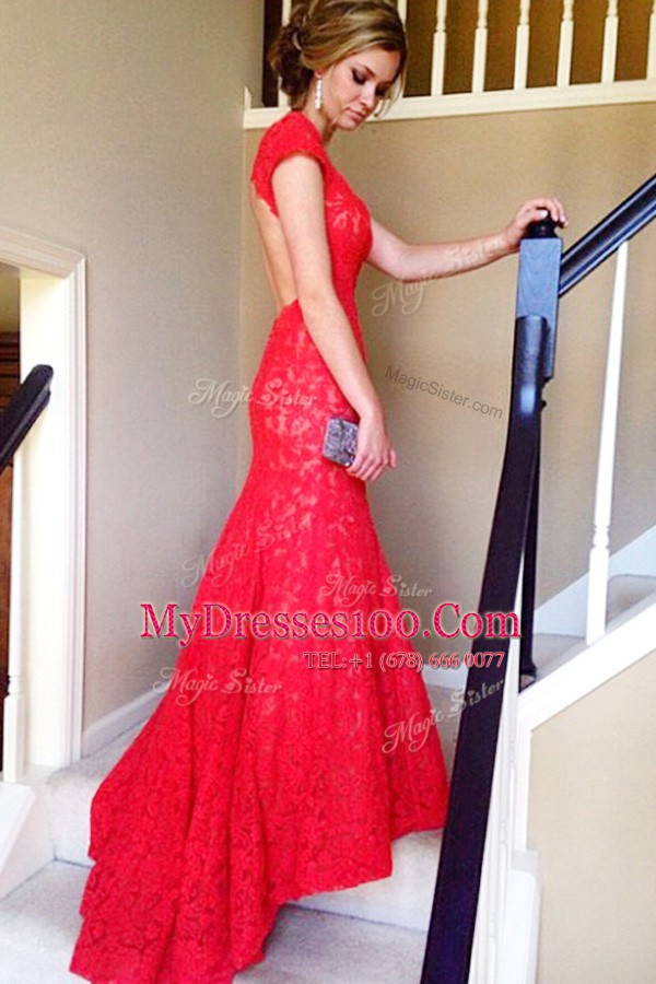High Quality Mermaid Red Lace Backless Prom Dress Short Sleeves Sweep Train Lace