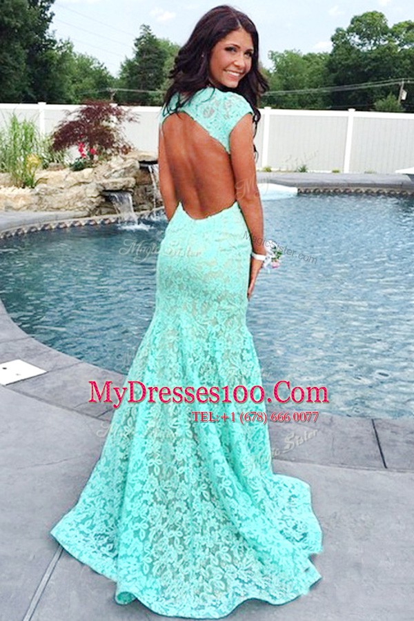 High Quality Mermaid Red Lace Backless Prom Dress Short Sleeves Sweep Train Lace