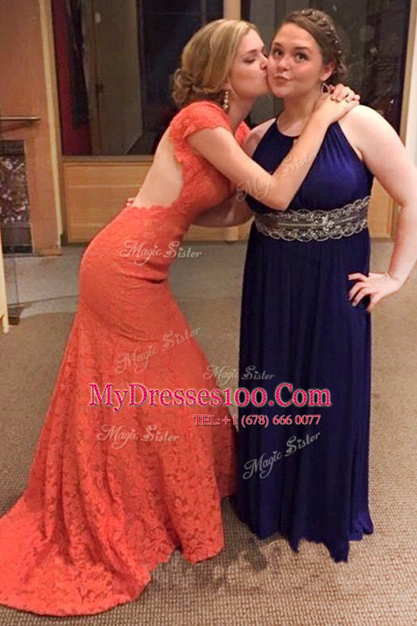 High Quality Mermaid Red Lace Backless Prom Dress Short Sleeves Sweep Train Lace