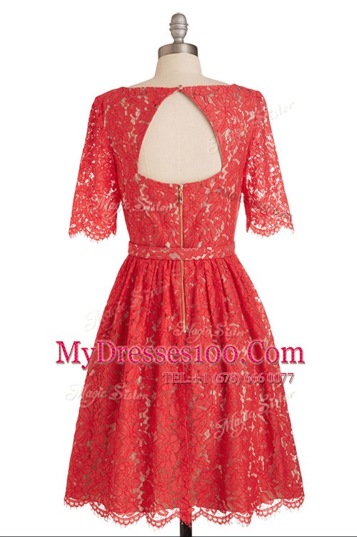 Affordable Scoop Knee Length Red Evening Dress Lace Short Sleeves Belt
