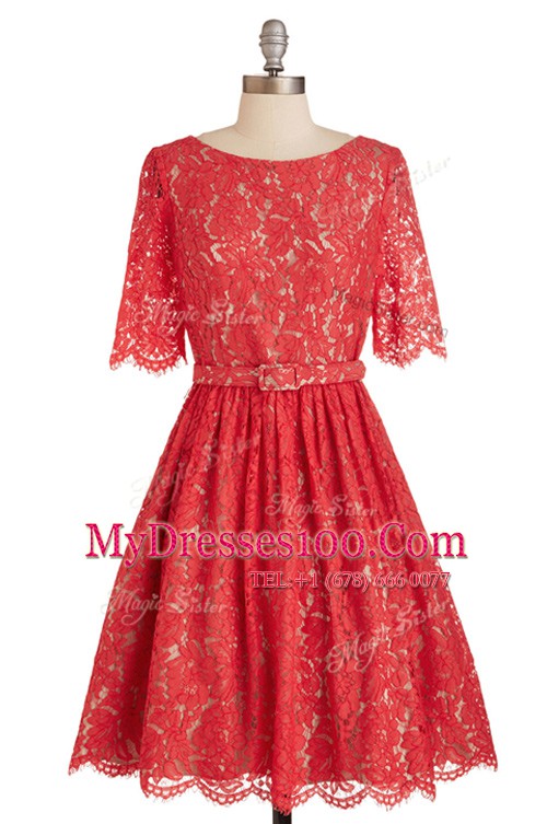 Affordable Scoop Knee Length Red Evening Dress Lace Short Sleeves Belt