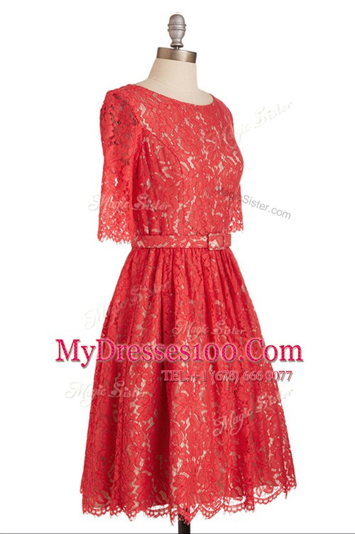 Affordable Scoop Knee Length Red Evening Dress Lace Short Sleeves Belt