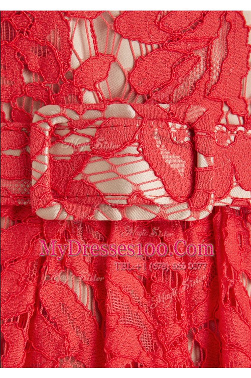 Affordable Scoop Knee Length Red Evening Dress Lace Short Sleeves Belt