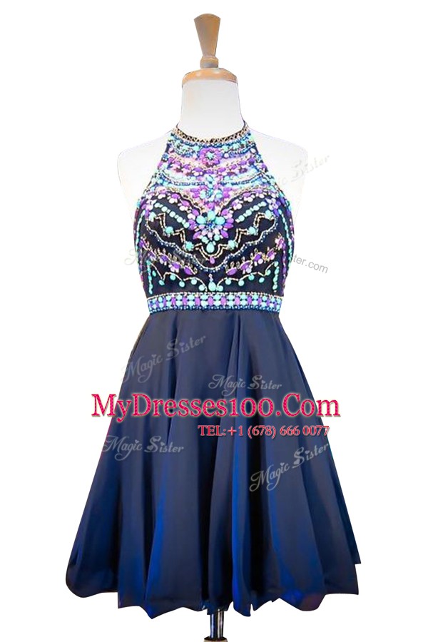Mini Length Navy Blue Prom Party Dress Halter Top Sleeveless Side Zipper