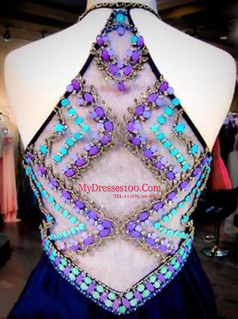 Mini Length Navy Blue Prom Party Dress Halter Top Sleeveless Side Zipper