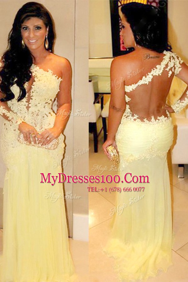 Dazzling Chiffon One Shoulder Long Sleeves Side Zipper Lace Womens Evening Dresses in Light Yellow