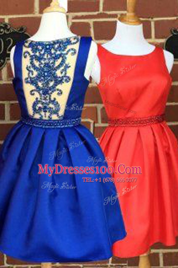Royal Blue Satin Side Zipper Cocktail Dress Sleeveless Knee Length Beading