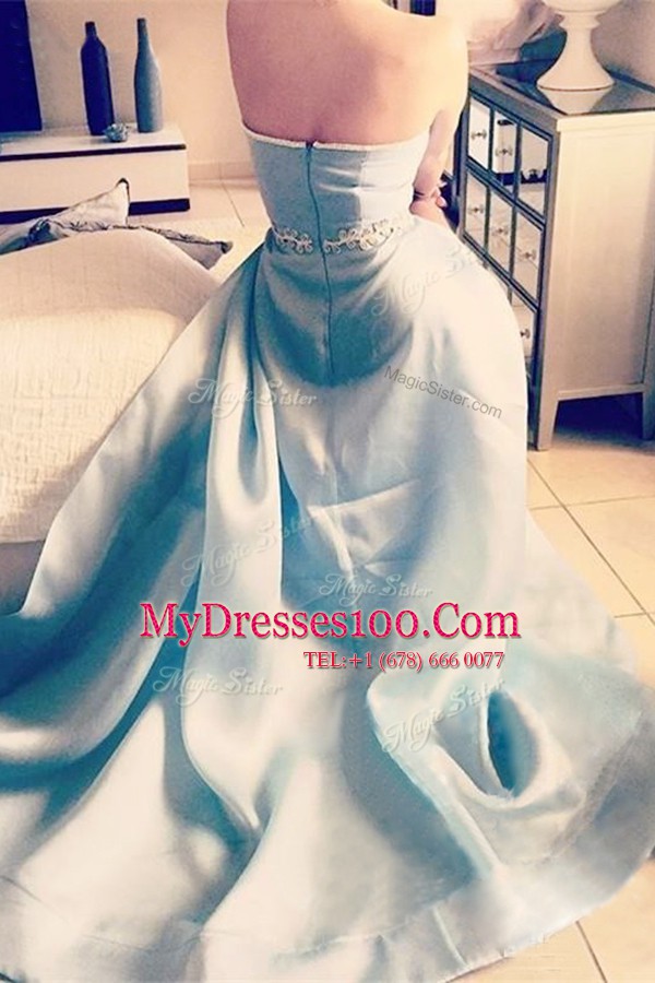Vintage Sleeveless Organza Asymmetrical Zipper Evening Party Dresses in Light Blue with Beading