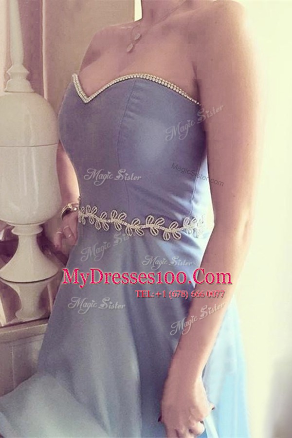 Vintage Sleeveless Organza Asymmetrical Zipper Evening Party Dresses in Light Blue with Beading