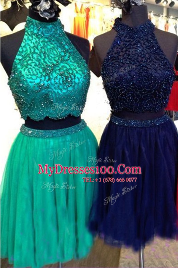 Sweet Turquoise Zipper Cocktail Dress Beading Sleeveless Knee Length