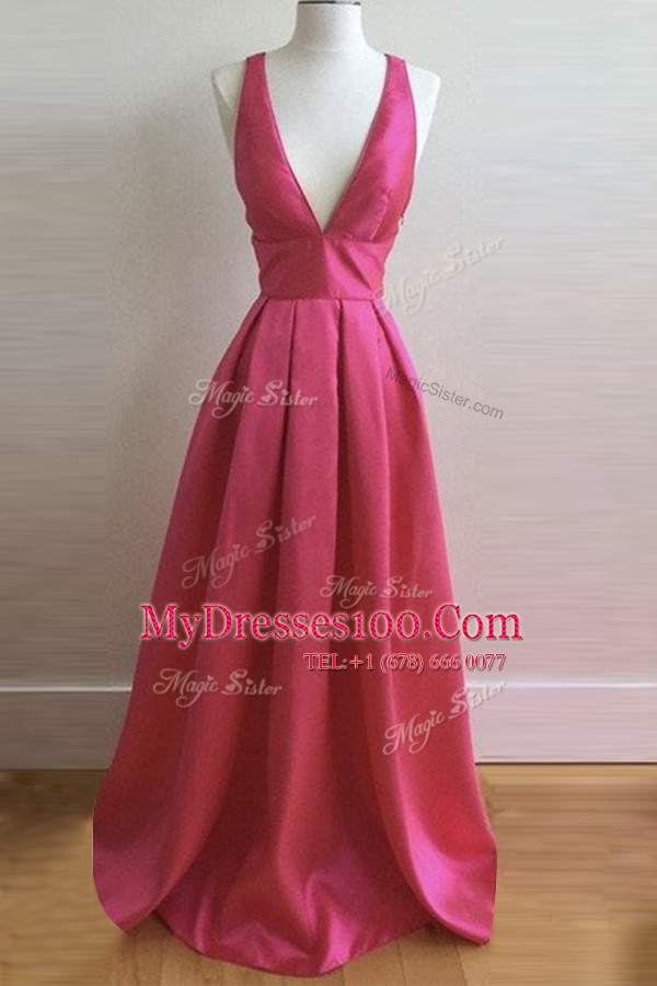 Superior Pleated Prom Gown Hot Pink Criss Cross Sleeveless Floor Length