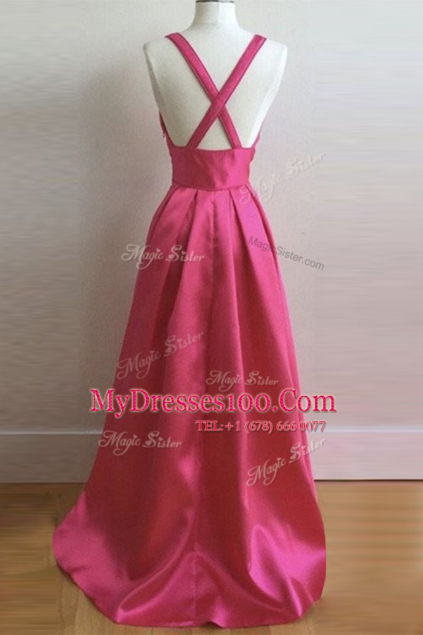 Superior Pleated Prom Gown Hot Pink Criss Cross Sleeveless Floor Length