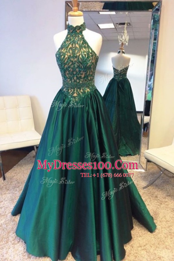 Excellent Halter Top Teal Sleeveless Sweep Train Beading and Lace Prom Gown