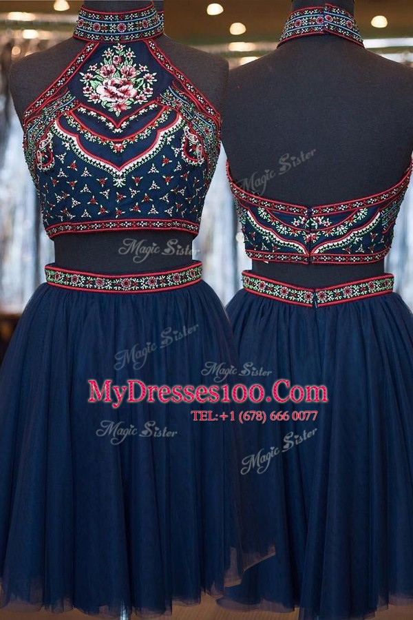 Cheap Sleeveless Tulle Knee Length Zipper Evening Dress in Navy Blue with Embroidery