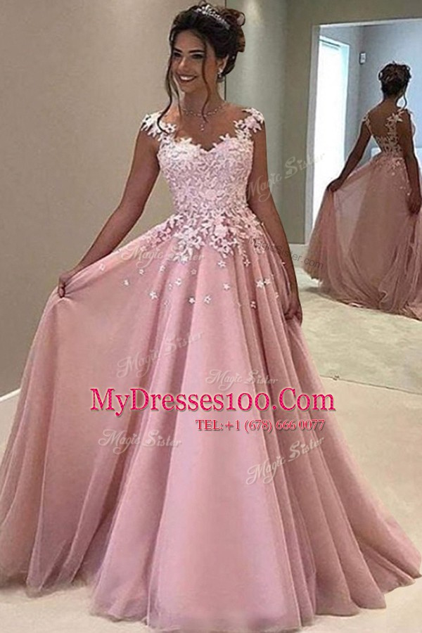 Dazzling Pink Tulle Zipper V-neck Sleeveless With Train Prom Dress Sweep Train Appliques