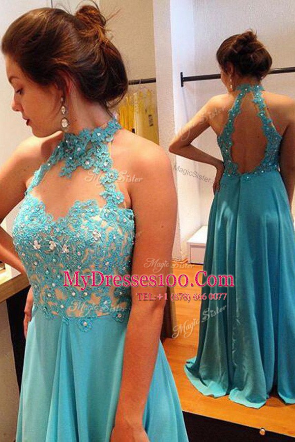 Flirting Blue A-line Scoop Sleeveless Chiffon Sweep Train Backless Beading and Appliques Prom Evening Gown