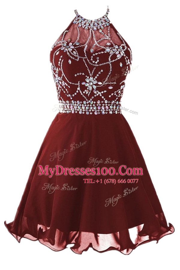 Modern Beading Prom Evening Gown Burgundy Backless Sleeveless Knee Length