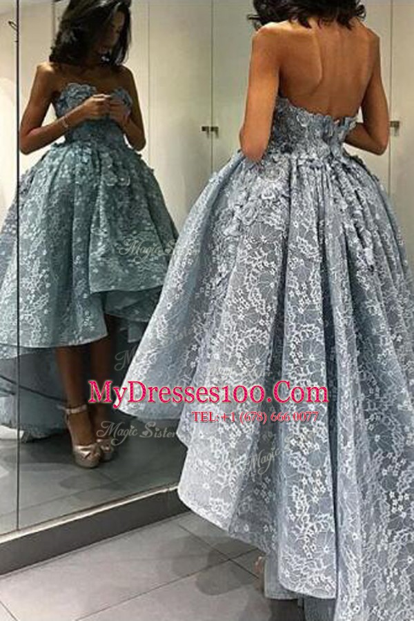 Stylish Grey Sleeveless Lace High Low Ball Gown Prom Dress