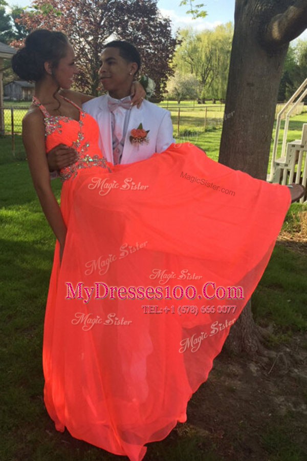 Halter Top Orange Red A-line Beading Evening Dress Backless Chiffon Sleeveless With Train