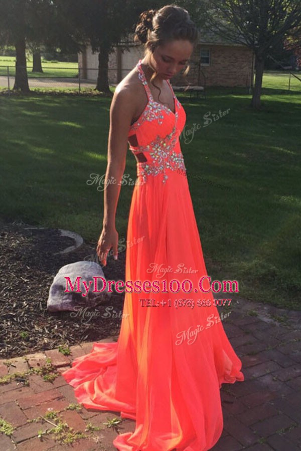 Halter Top Orange Red A-line Beading Evening Dress Backless Chiffon Sleeveless With Train