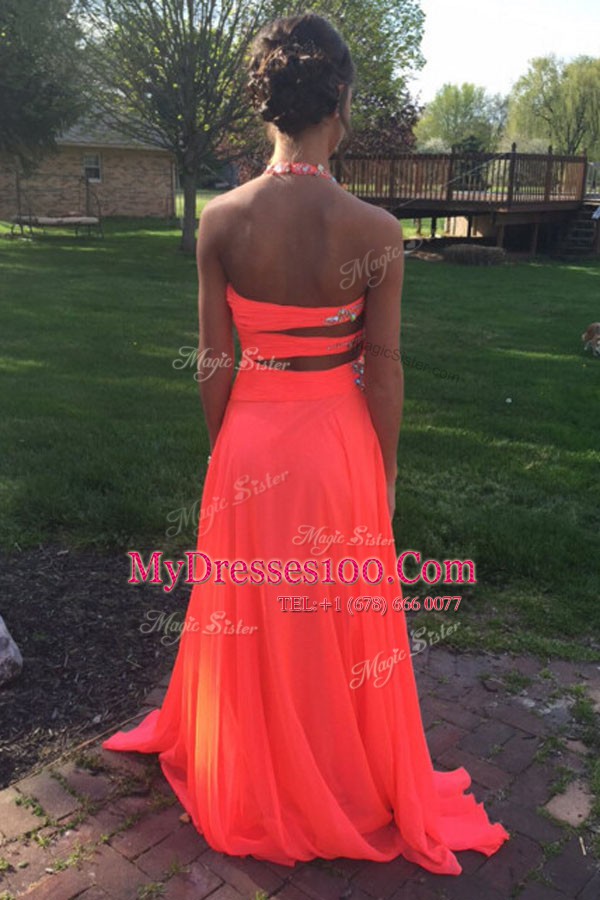 Halter Top Orange Red A-line Beading Evening Dress Backless Chiffon Sleeveless With Train