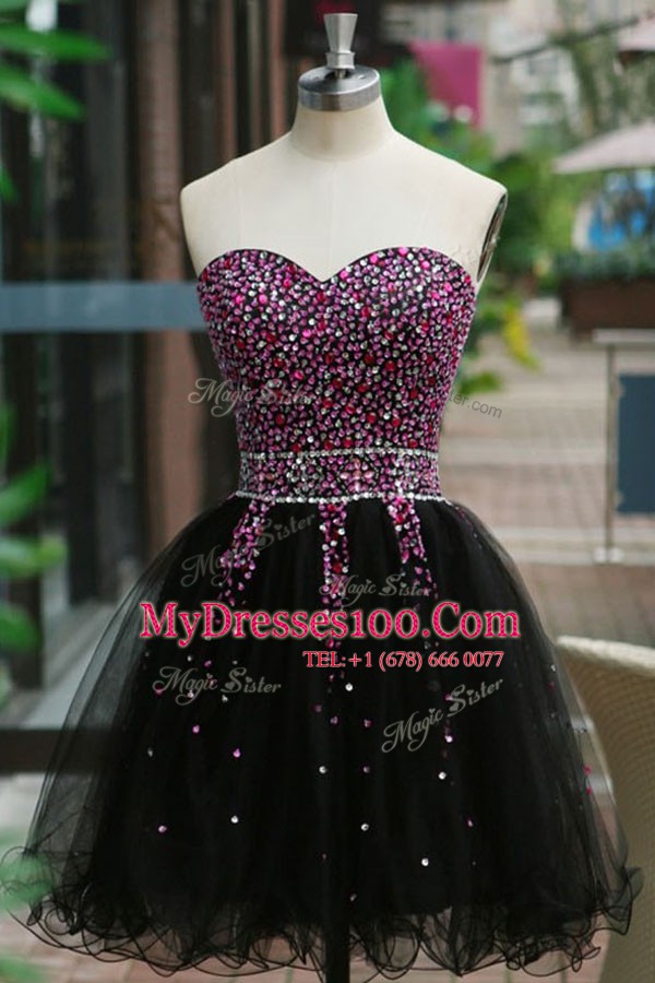Deluxe Black A-line Sweetheart Sleeveless Organza Knee Length Lace Up Beading Prom Party Dress